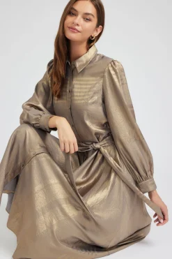 Maxi Dresses|Midi Dresses-Current Air Metallic Buttondown Dress GOLD