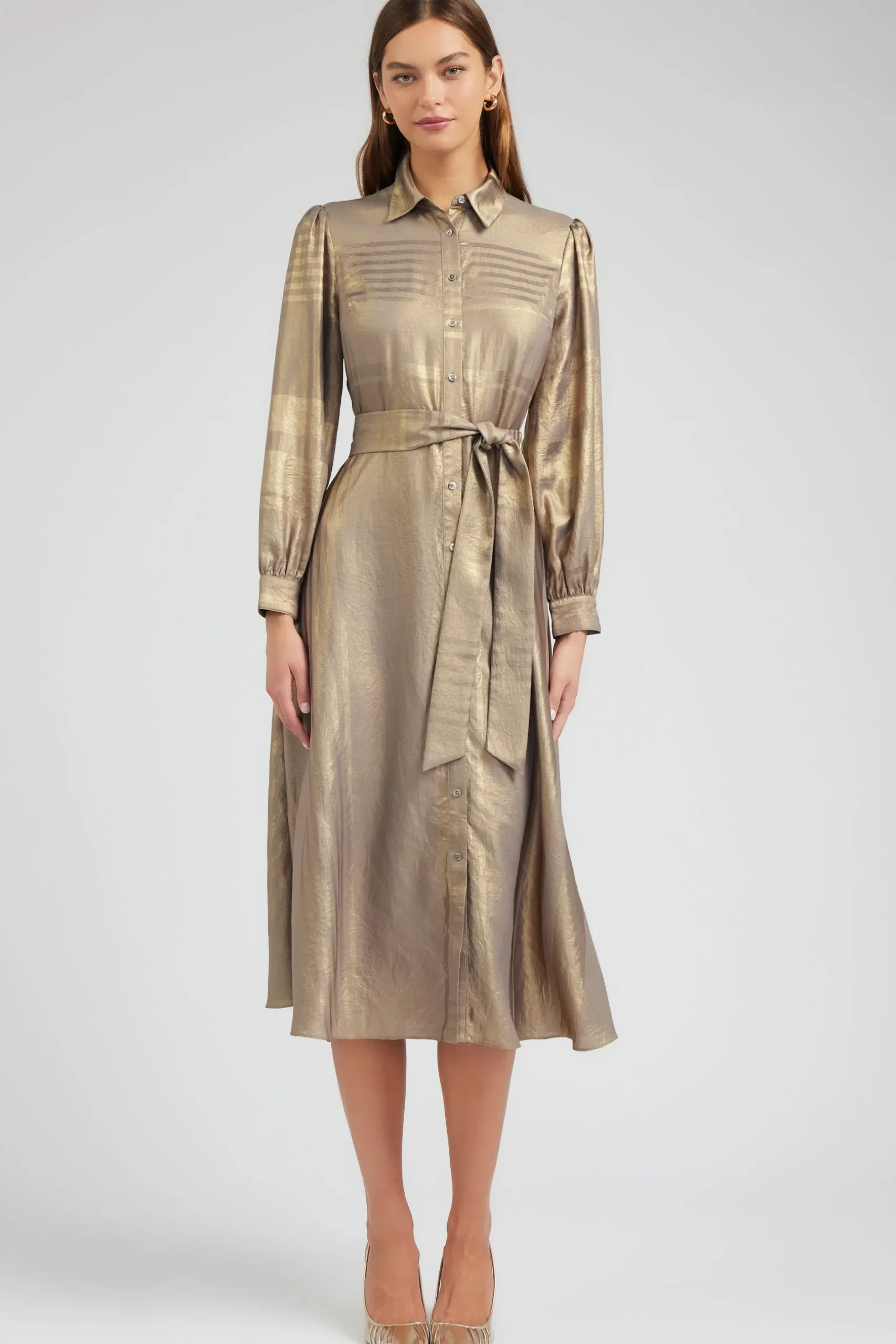 Maxi Dresses|Midi Dresses-Current Air Metallic Buttondown Dress GOLD