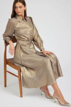Maxi Dresses|Midi Dresses-Current Air Metallic Buttondown Dress GOLD