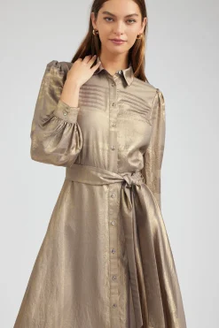 Maxi Dresses|Midi Dresses-Current Air Metallic Buttondown Dress GOLD