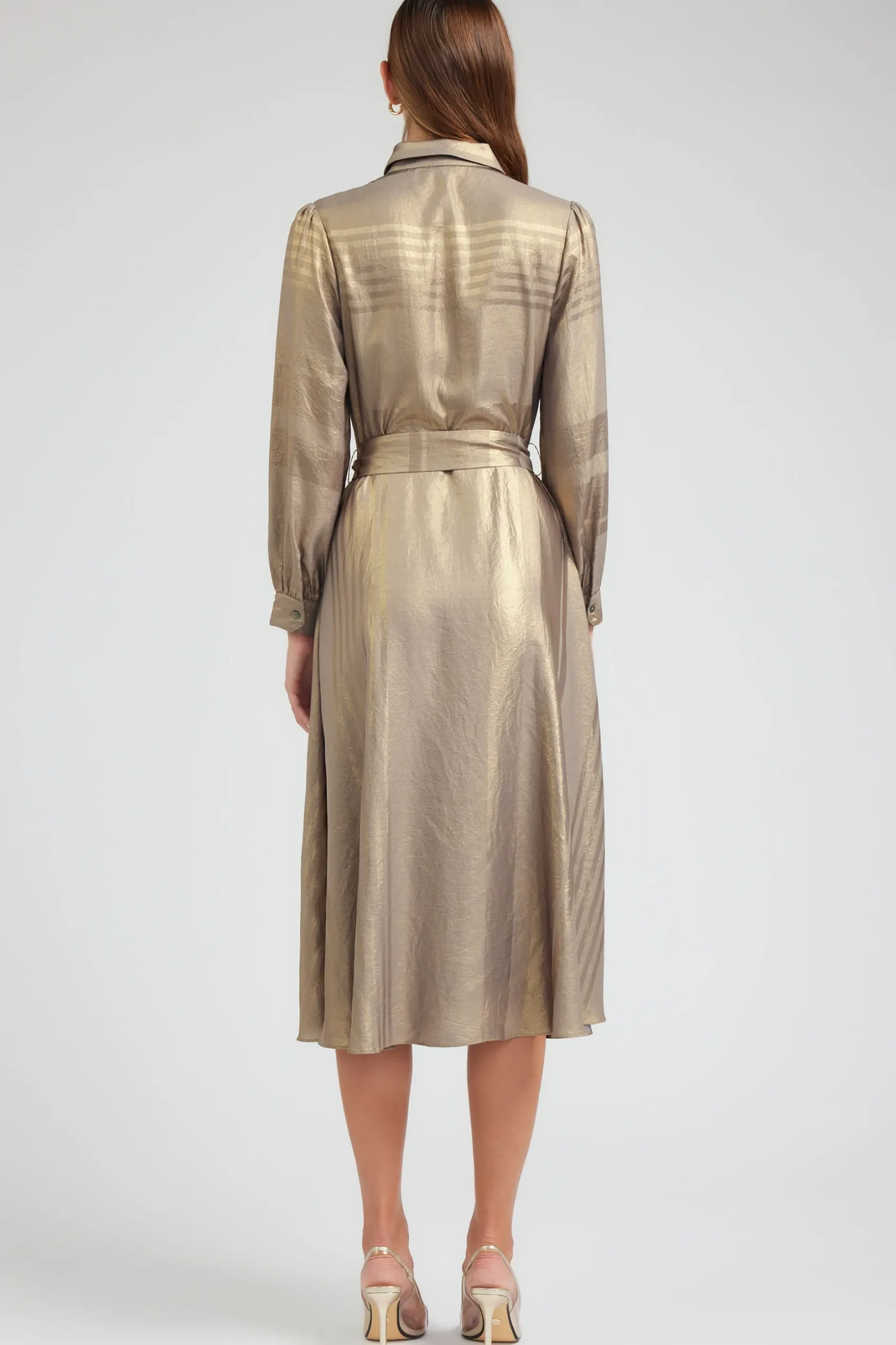 Maxi Dresses|Midi Dresses-Current Air Metallic Buttondown Dress GOLD