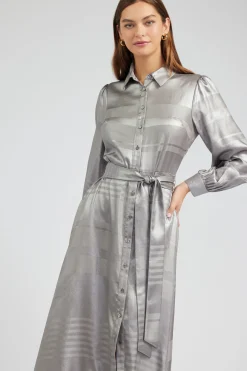 Maxi Dresses|Midi Dresses-Current Air Metallic Buttondown Dress SILVER