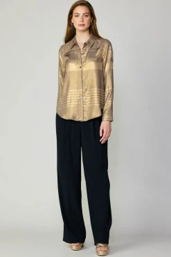 Long Sleeve Tops-Current Air Metallic Buttonup Shirt GOLD