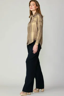 Long Sleeve Tops-Current Air Metallic Buttonup Shirt GOLD