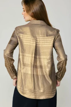 Long Sleeve Tops-Current Air Metallic Buttonup Shirt GOLD