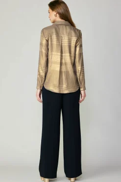 Long Sleeve Tops-Current Air Metallic Buttonup Shirt GOLD