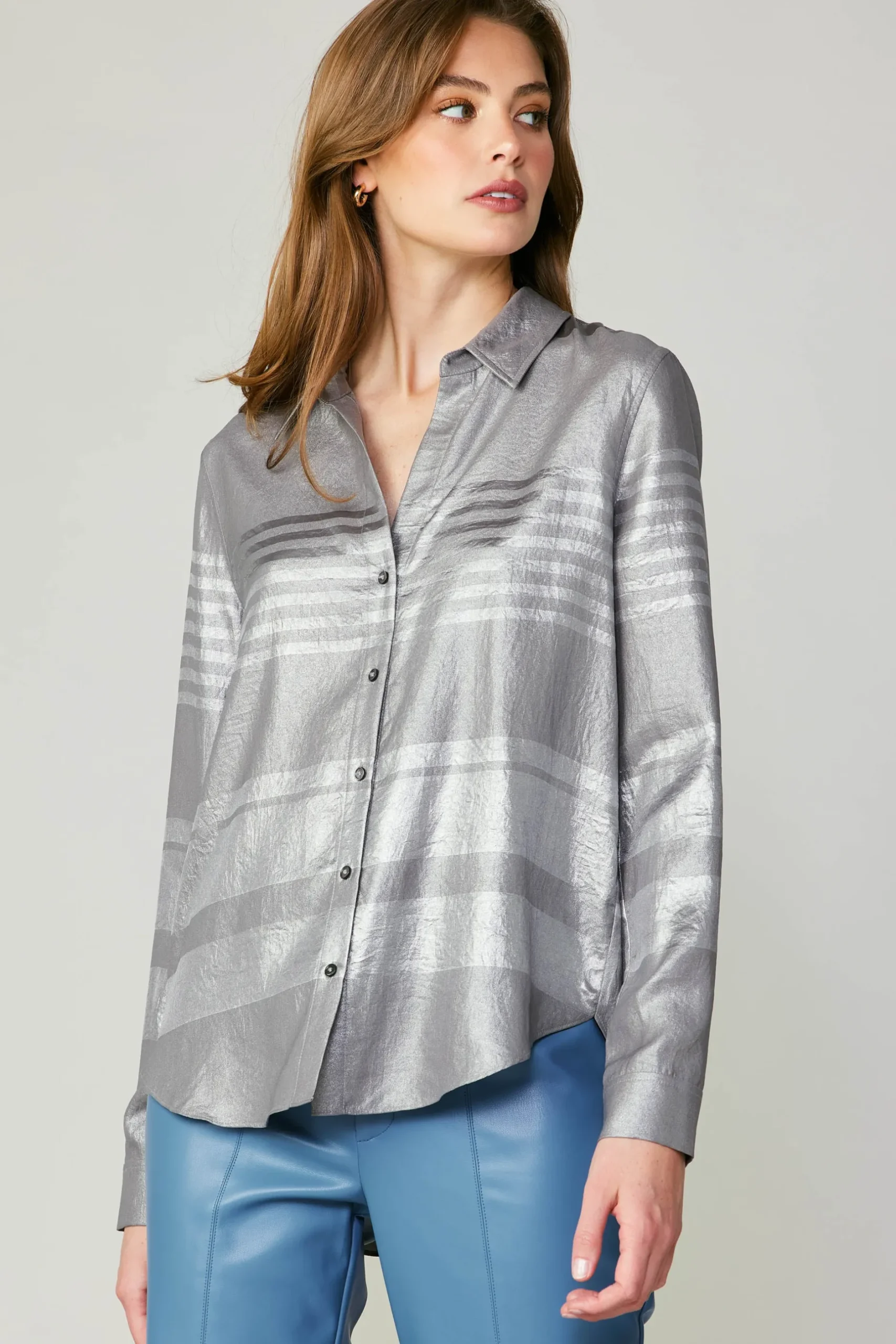Long Sleeve Tops-Current Air Metallic Buttonup Shirt SILVER