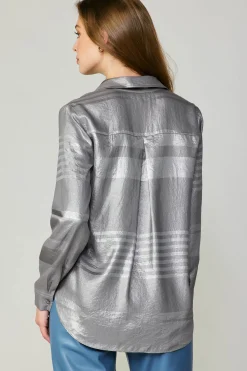 Long Sleeve Tops-Current Air Metallic Buttonup Shirt SILVER
