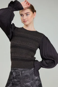 Knitwear|Long Sleeve Tops-Current Air Metallic Contrast Sweater Top DARKBRONZE