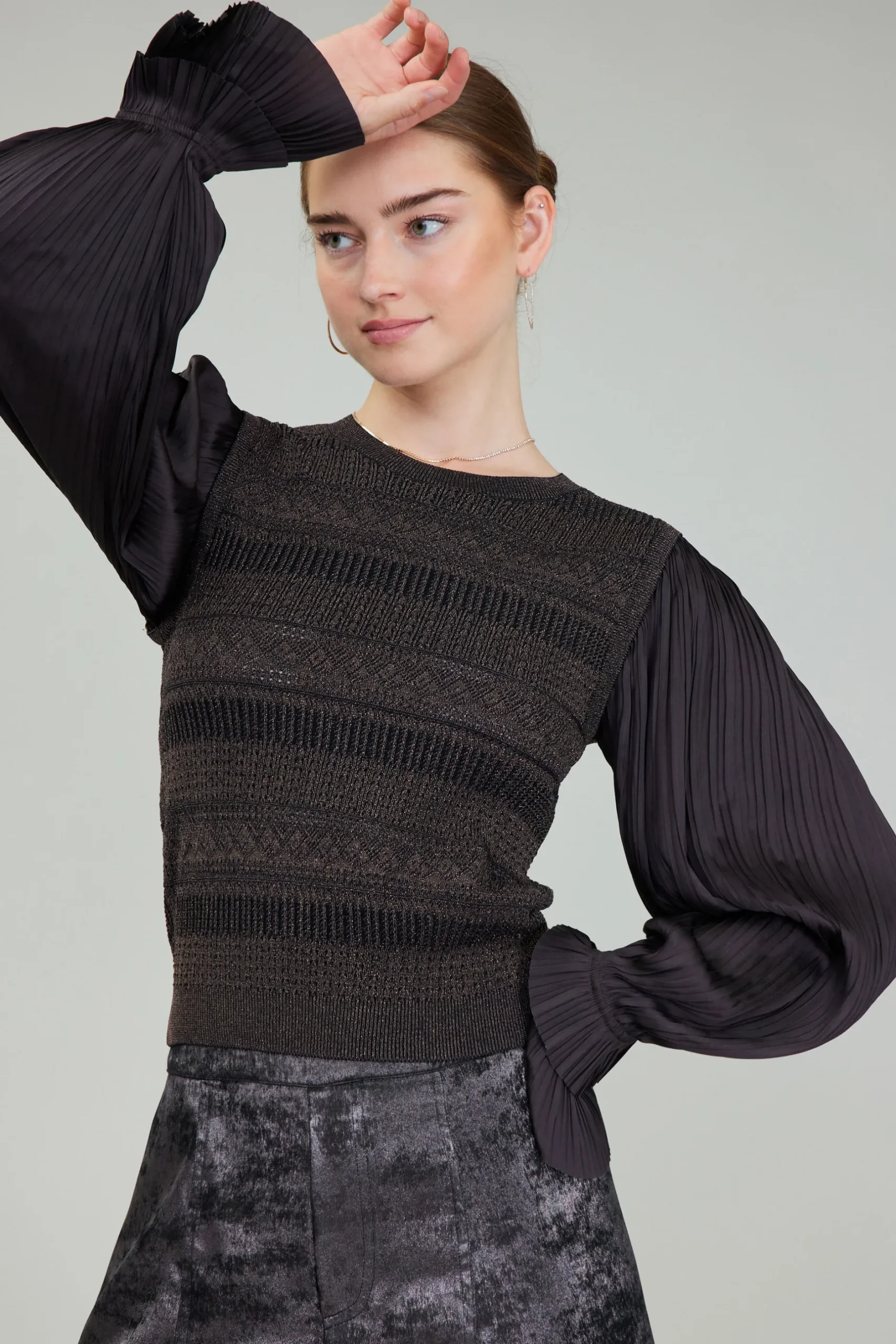 Knitwear|Long Sleeve Tops-Current Air Metallic Contrast Sweater Top DARKBRONZE