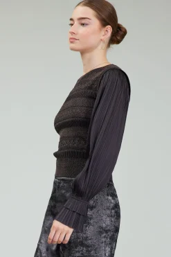 Knitwear|Long Sleeve Tops-Current Air Metallic Contrast Sweater Top DARKBRONZE
