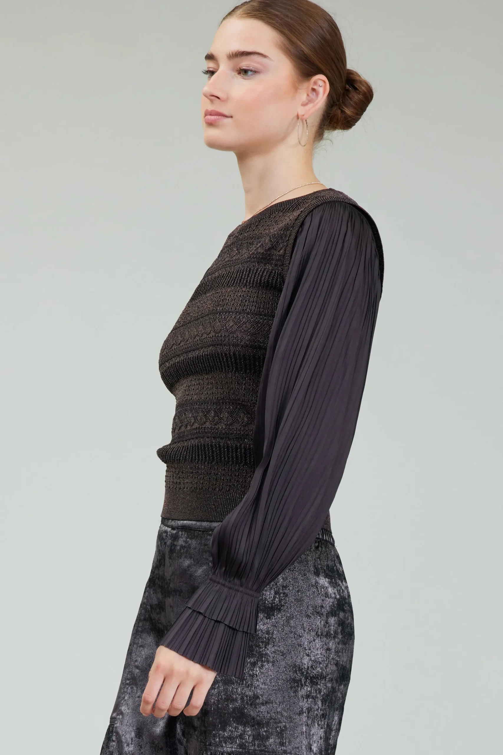 Knitwear|Long Sleeve Tops-Current Air Metallic Contrast Sweater Top DARKBRONZE