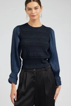 Knitwear|Long Sleeve Tops-Current Air Metallic Contrast Sweater Top NAVY
