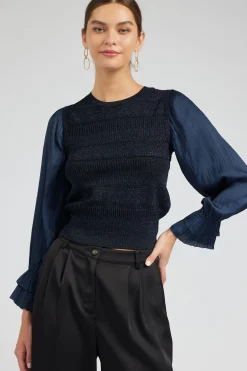 Knitwear|Long Sleeve Tops-Current Air Metallic Contrast Sweater Top NAVY