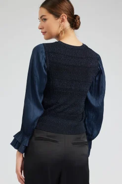 Knitwear|Long Sleeve Tops-Current Air Metallic Contrast Sweater Top NAVY