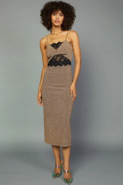 Midi Dresses-Current Air Metallic Lace Detail Dress GOLD