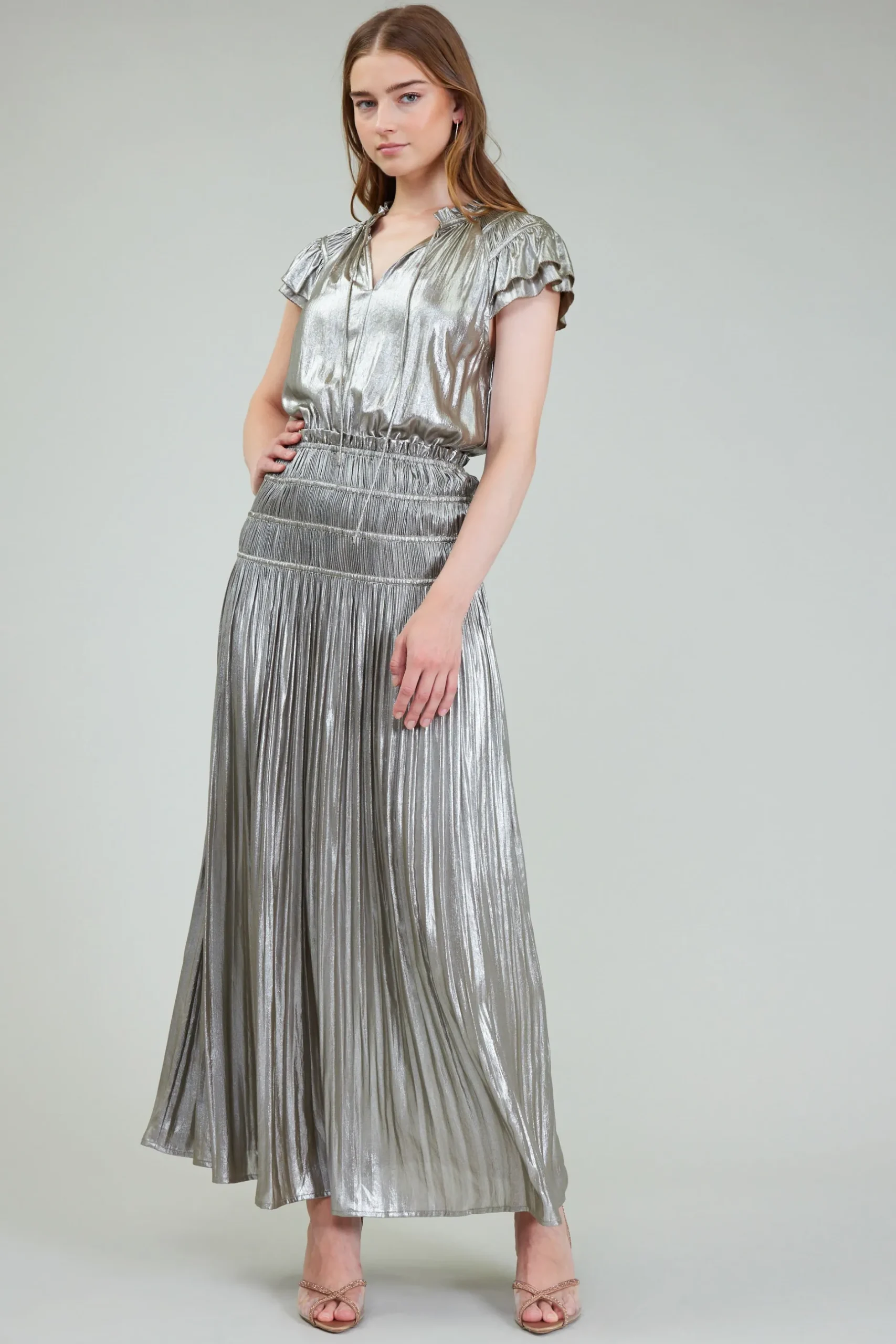 Maxi Dresses-Current Air Metallic Maxi Dress OLIVESILVER