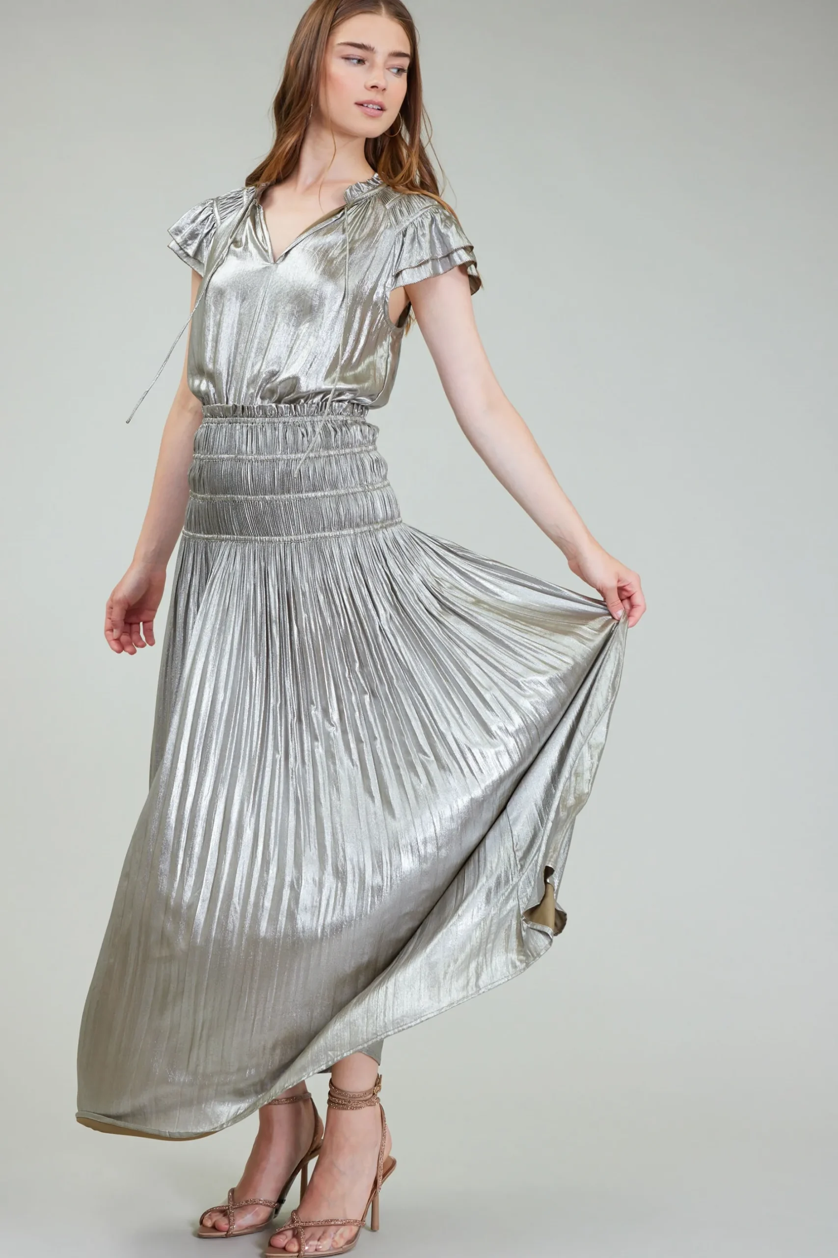 Maxi Dresses-Current Air Metallic Maxi Dress OLIVESILVER