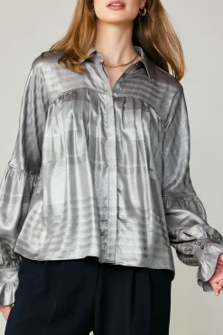 Long Sleeve Tops-Current Air Metallic Pleated Shirt SILVER