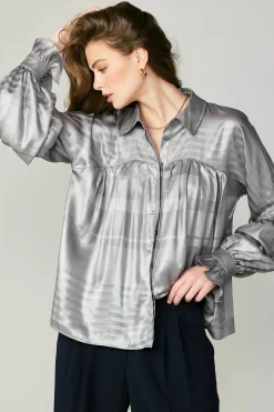 Long Sleeve Tops-Current Air Metallic Pleated Shirt SILVER