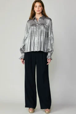 Long Sleeve Tops-Current Air Metallic Pleated Shirt SILVER
