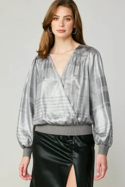 Long Sleeve Tops-Current Air Metallic Surplice Blouse SILVER