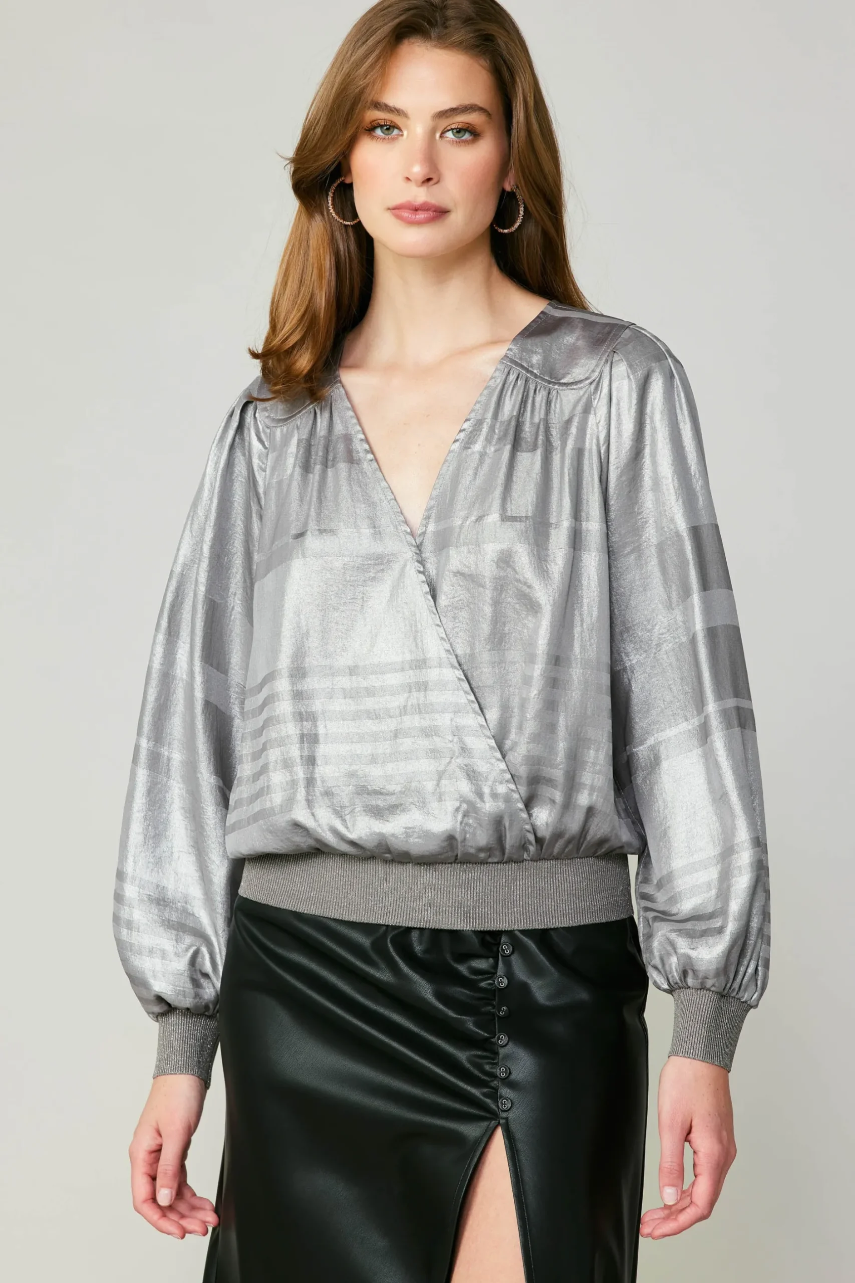 Long Sleeve Tops-Current Air Metallic Surplice Blouse SILVER