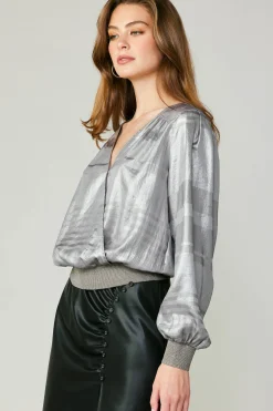 Long Sleeve Tops-Current Air Metallic Surplice Blouse SILVER