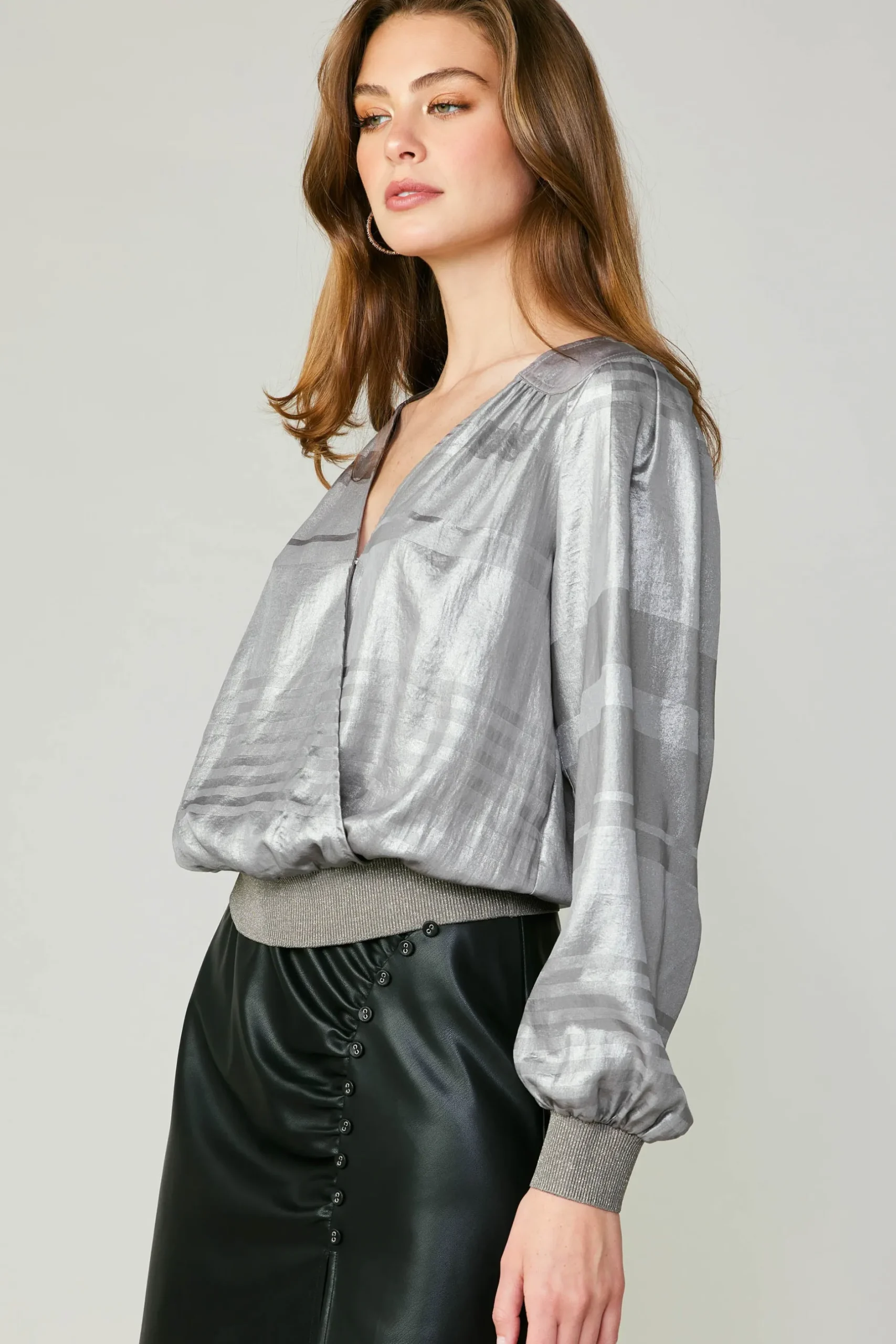 Long Sleeve Tops-Current Air Metallic Surplice Blouse SILVER