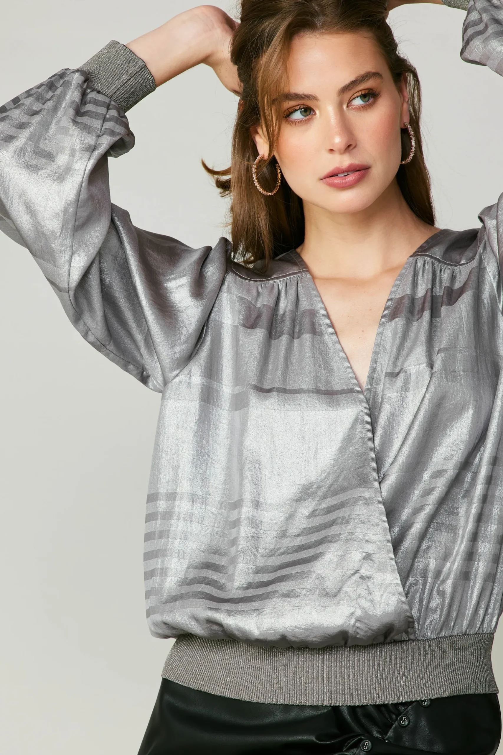 Long Sleeve Tops-Current Air Metallic Surplice Blouse SILVER