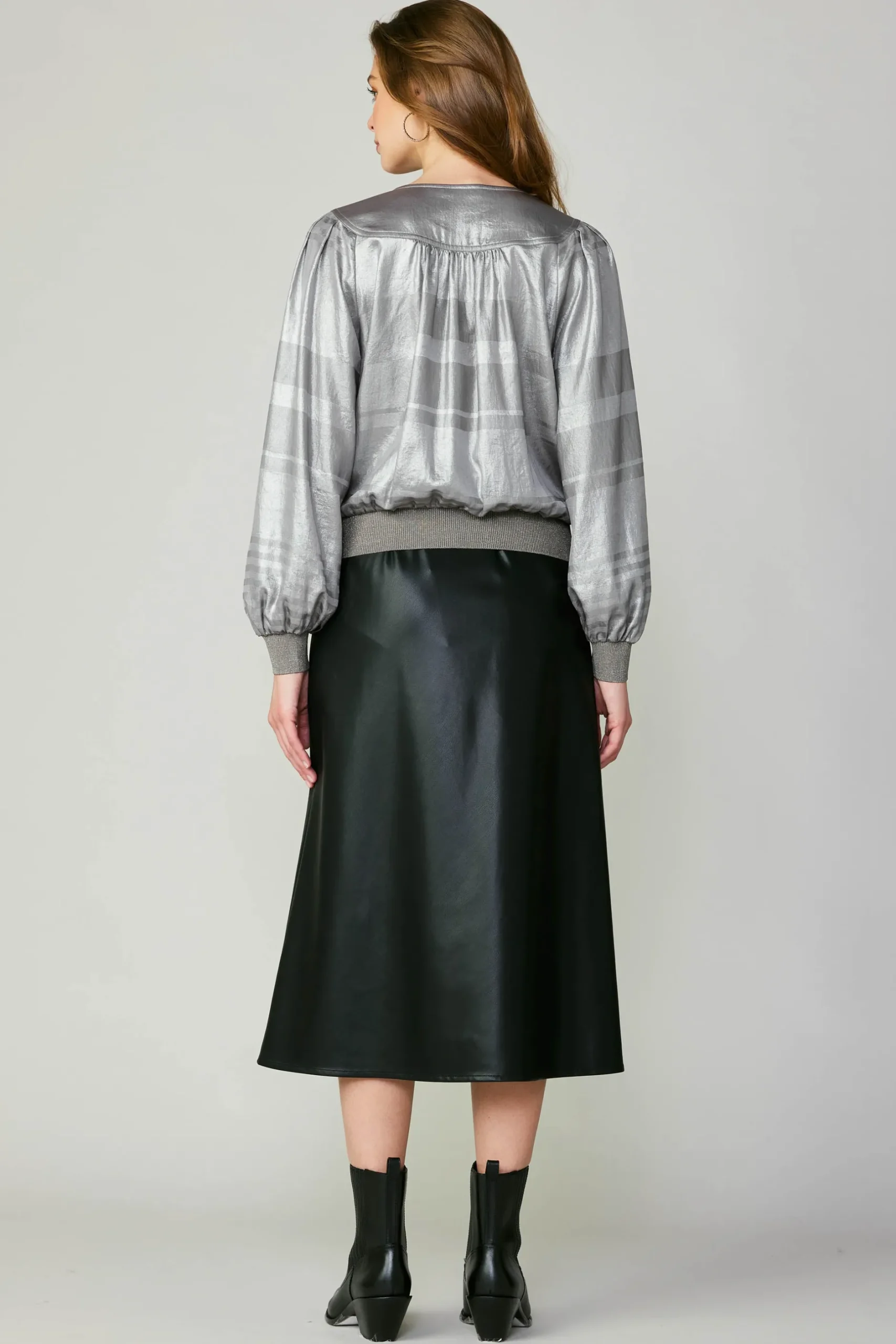 Long Sleeve Tops-Current Air Metallic Surplice Blouse SILVER