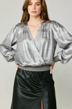 Long Sleeve Tops-Current Air Metallic Surplice Blouse SILVER
