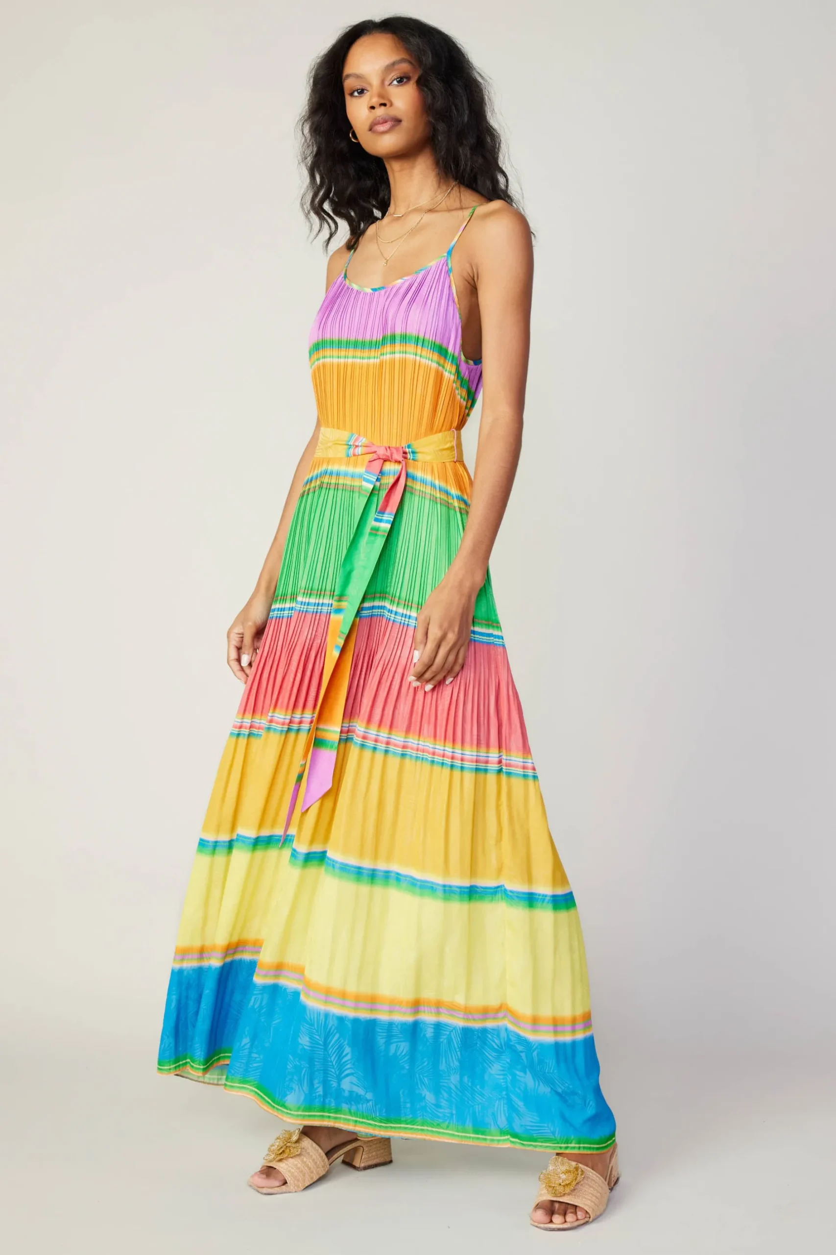 Maxi Dresses|Midi Dresses-Current Air Multicolored Pleated Cami Dress RAINBOW