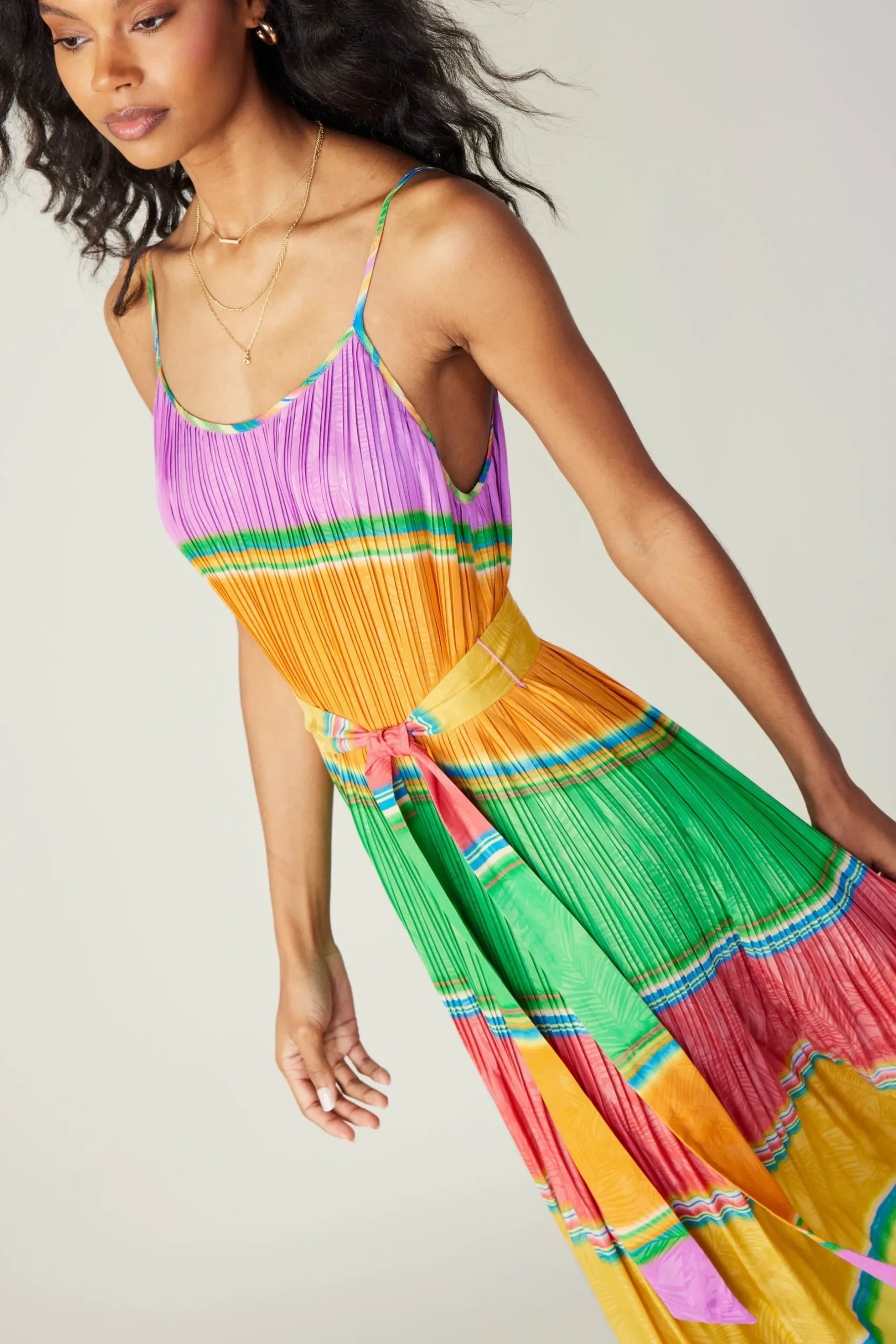 Maxi Dresses|Midi Dresses-Current Air Multicolored Pleated Cami Dress RAINBOW