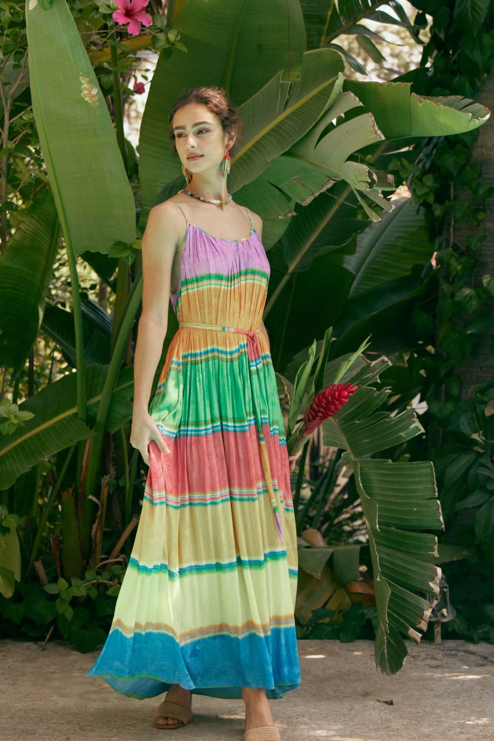 Maxi Dresses|Midi Dresses-Current Air Multicolored Pleated Cami Dress RAINBOW
