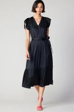 Midi Dresses-Current Air Natalia Flutter Sleeve Dress BLACK