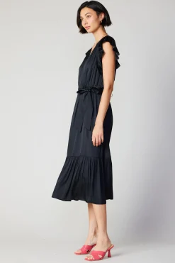 Midi Dresses-Current Air Natalia Flutter Sleeve Dress BLACK