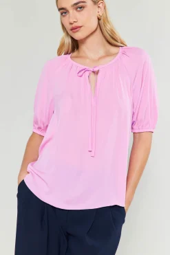 Short Sleeve Tops-Current Air Neck Tie Detailed Blouse ORCHID