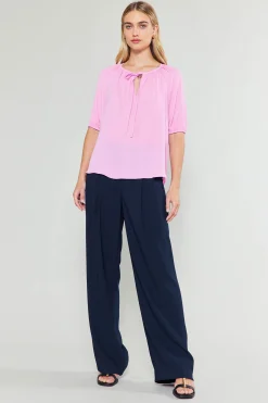 Short Sleeve Tops-Current Air Neck Tie Detailed Blouse ORCHID