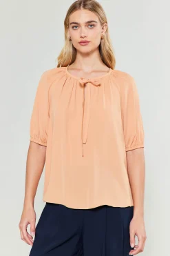 Short Sleeve Tops-Current Air Neck Tie Detailed Blouse BUTTERUM