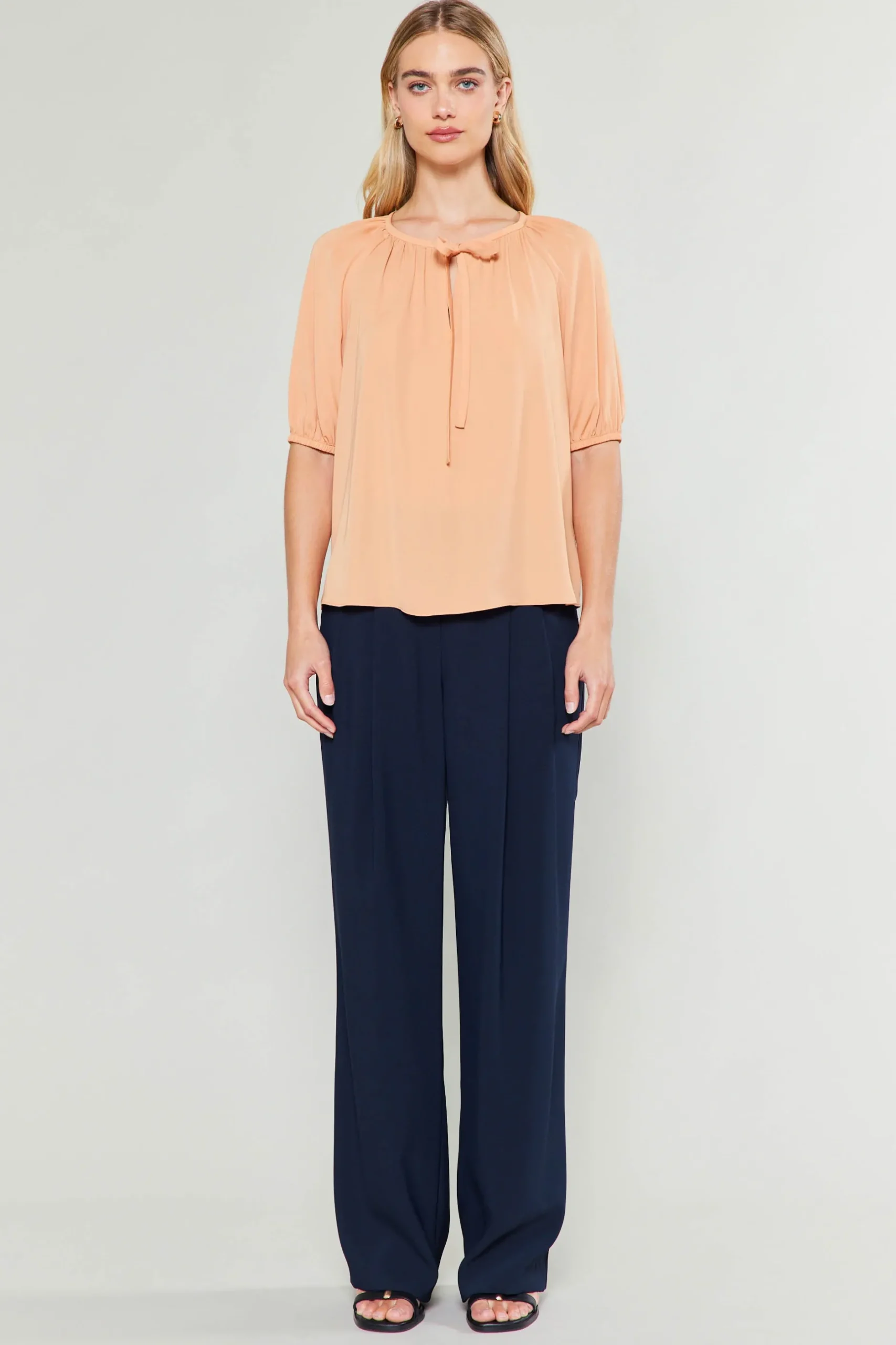 Short Sleeve Tops-Current Air Neck Tie Detailed Blouse BUTTERUM