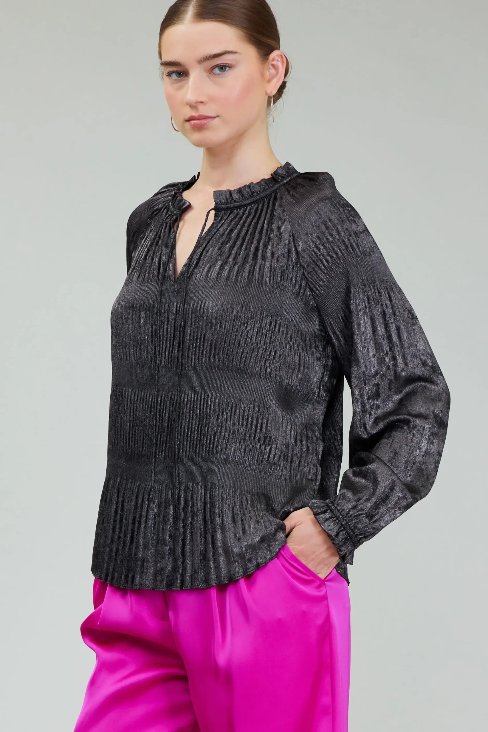 Long Sleeve Tops-Current Air Opalescent Pleated Blouse PLUMGUNMETAL