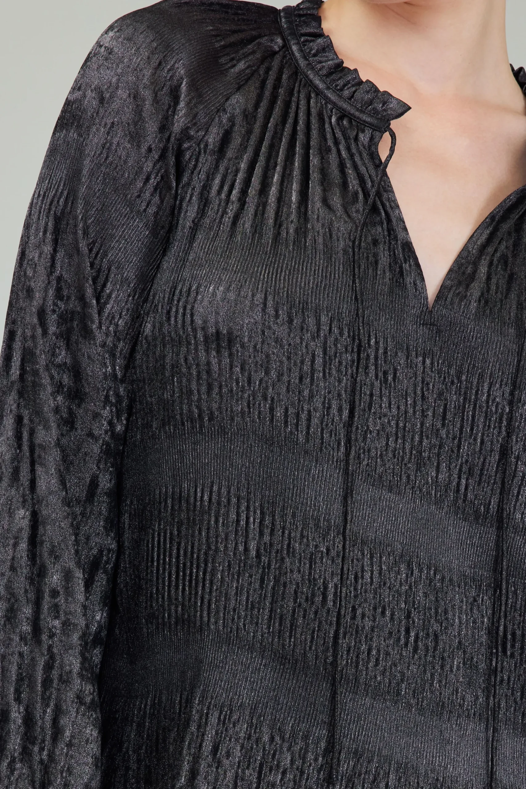 Long Sleeve Tops-Current Air Opalescent Pleated Blouse PLUMGUNMETAL