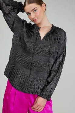 Long Sleeve Tops-Current Air Opalescent Pleated Blouse PLUMGUNMETAL