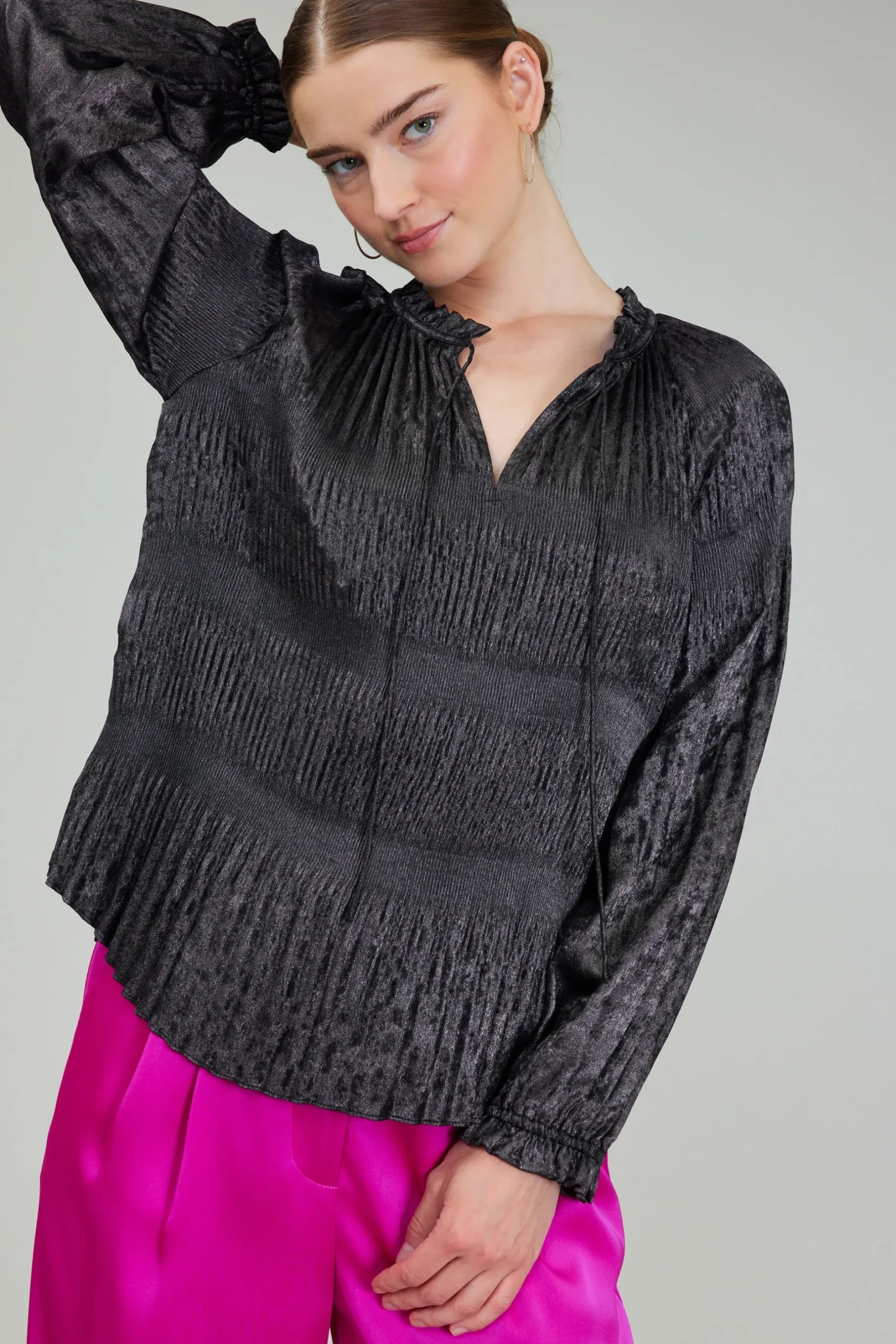 Long Sleeve Tops-Current Air Opalescent Pleated Blouse PLUMGUNMETAL