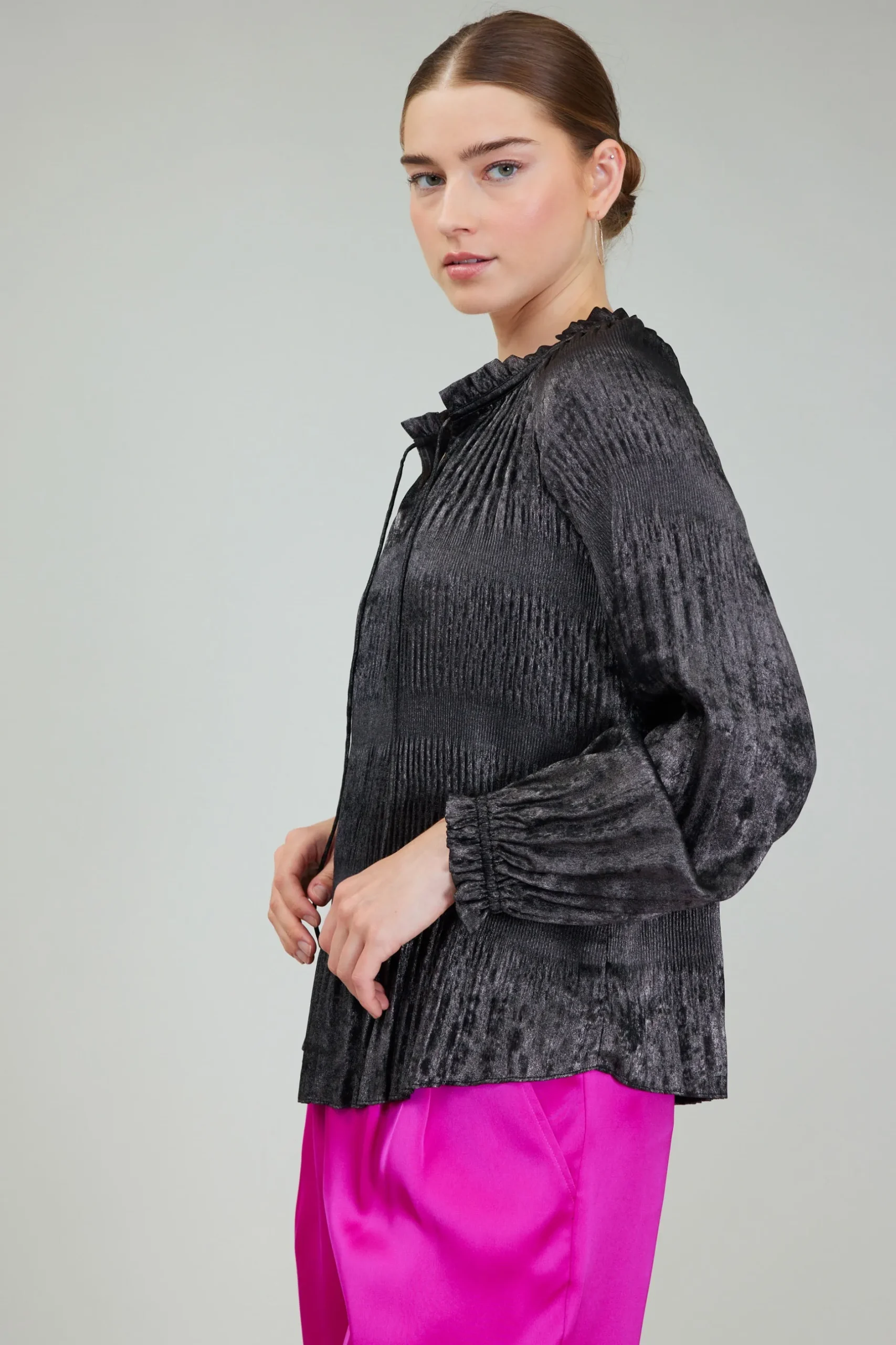 Long Sleeve Tops-Current Air Opalescent Pleated Blouse PLUMGUNMETAL