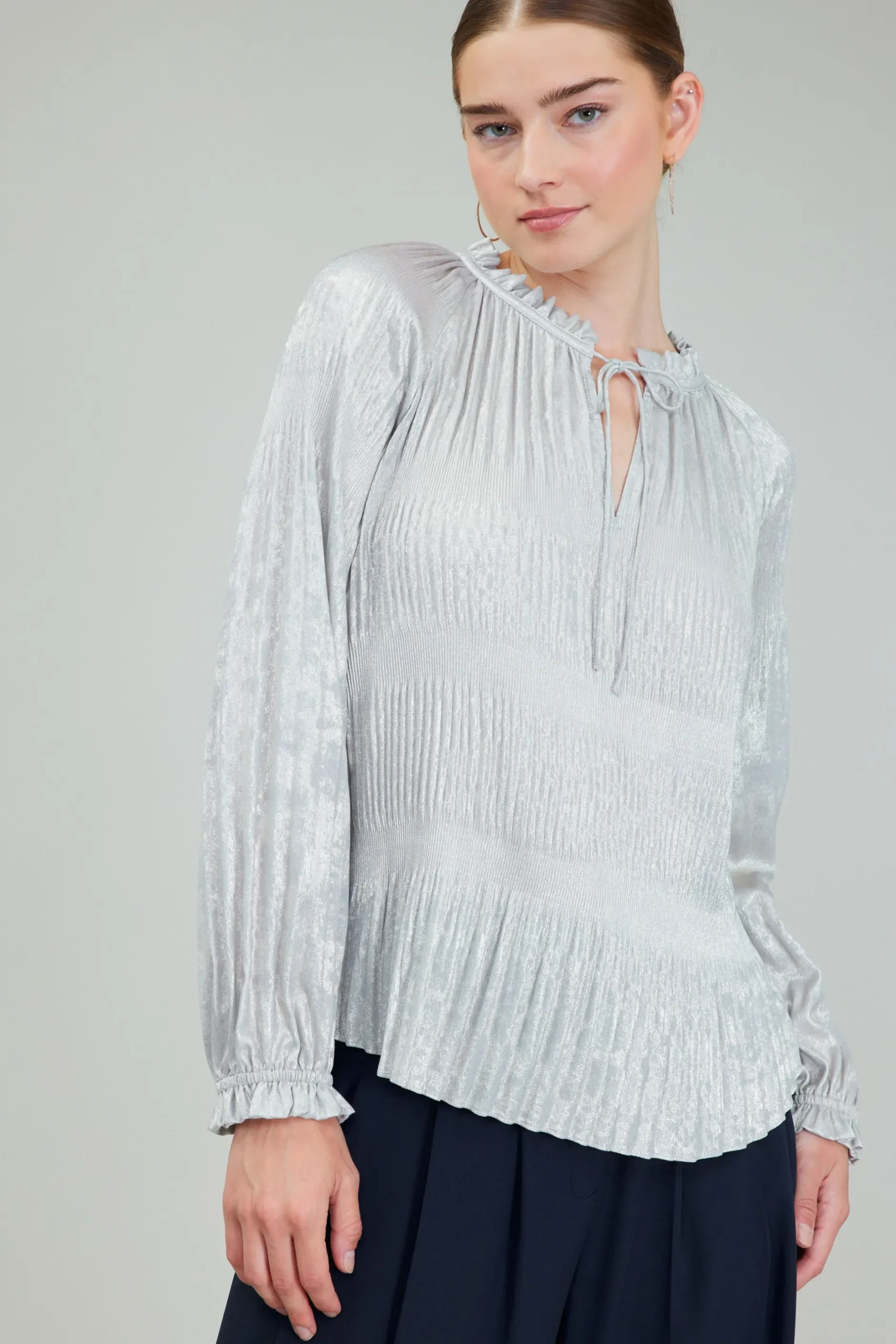 Long Sleeve Tops-Current Air Opalescent Pleated Blouse OYSTER