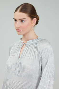 Long Sleeve Tops-Current Air Opalescent Pleated Blouse OYSTER