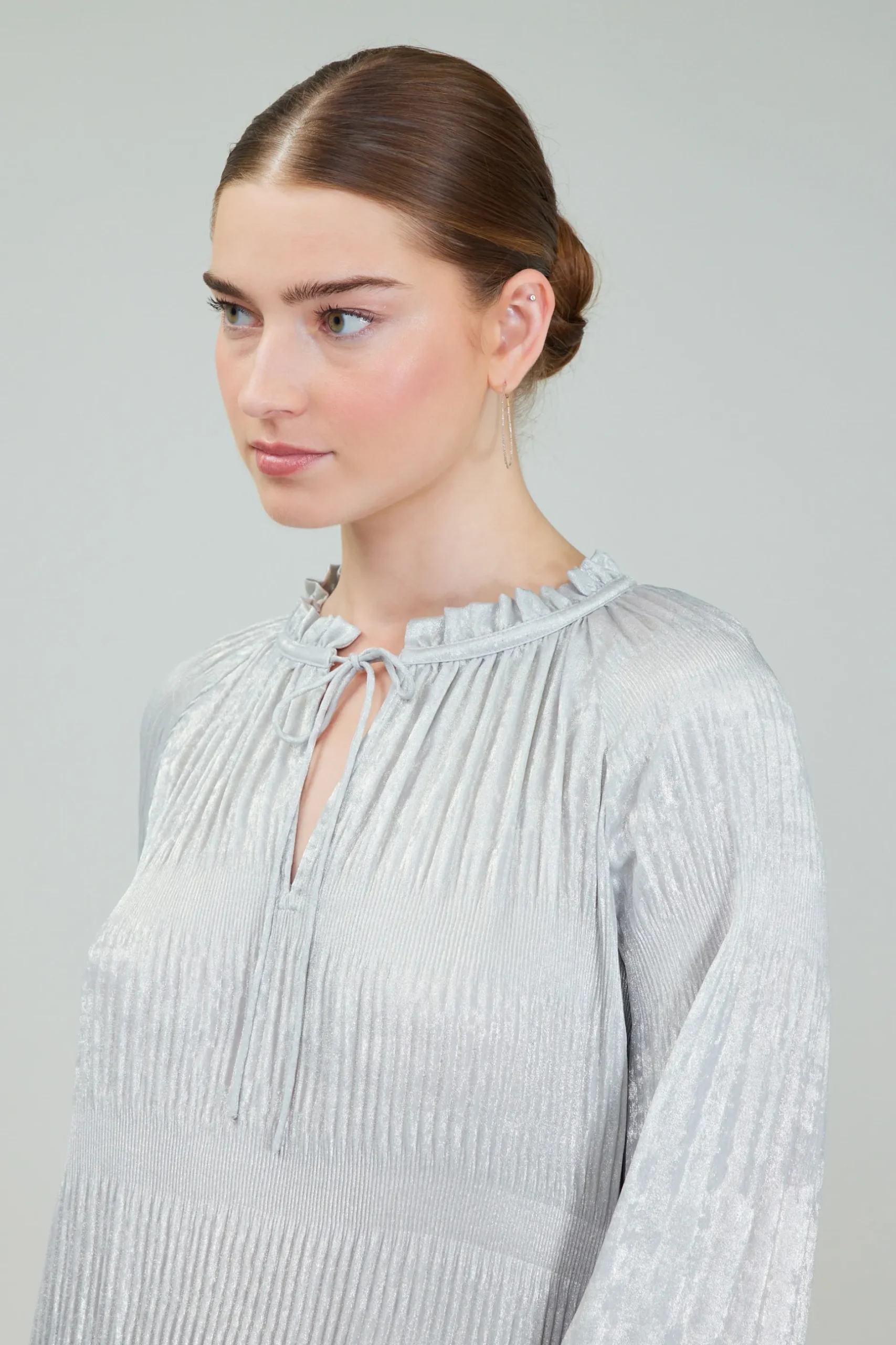 Long Sleeve Tops-Current Air Opalescent Pleated Blouse OYSTER