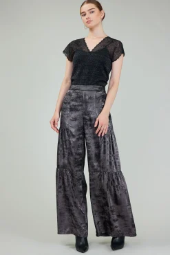 Pants-Current Air Opalescent Textured Tiered Pants PLUMGUNMETAL